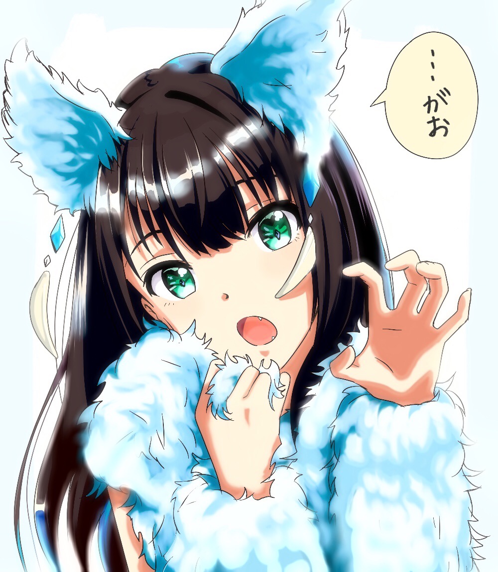1girl animal_ears blue_sleeves brown_hair detached_sleeves fangs green_eyes head_tilt idolmaster idolmaster_cinderella_girls long_hair long_sleeves looking_at_viewer open_mouth paw_pose portrait shibuya_rin shiki_(0802makimari) shiny shiny_hair solo speech_bubble wolf_ears