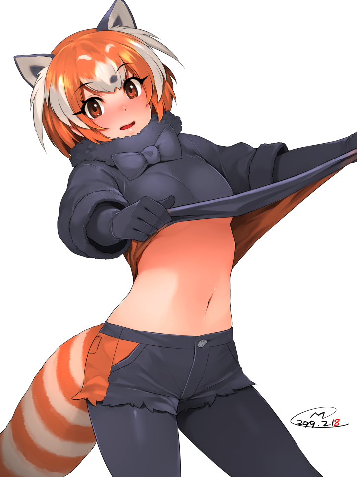 1girl animal_ears black_bow black_gloves black_legwear black_skirt blush bow bowtie breasts brown_eyes commentary_request dated eyebrows_visible_through_hair fur-trimmed_sleeves fur_collar fur_trim gloves happa_(cloverppd) kemono_friends legwear_under_shorts lesser_panda_(kemono_friends) lifted_by_self long_sleeves looking_at_viewer medium_breasts multicolored_hair navel open_mouth orange_hair panda_ears panda_tail pantyhose shirt_lift short_hair shorts silver_hair simple_background skirt smile solo tail under_boob white_background