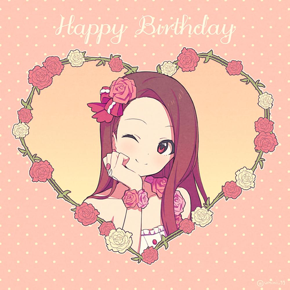 1girl ;) agata_(agatha) bare_shoulders blush closed_mouth collarbone commentary_request flower flower_bracelet forehead frills hair_flower hair_ornament hair_ribbon hand_on_own_cheek happy_birthday heart idolmaster idolmaster_(classic) long_hair looking_at_viewer minase_iori one_eye_closed pink_background pink_flower pink_ribbon pink_rose polka_dot polka_dot_background purple_hair red_flower red_rose ribbon rose single_strap smile solo tareme upper_body violet_eyes white_flower white_rose