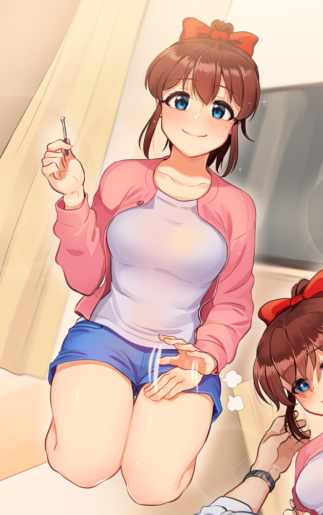 1girl blue_eyes blush bow breasts brown_hair closed_mouth collarbone eyebrows_visible_through_hair hair_bow hair_ribbon idolmaster idolmaster_million_live! kamille_(vcx68) lap_pillow_invitation long_sleeves looking_at_another looking_at_viewer medium_breasts mimikaki red_bow ribbon satake_minako seiza shirt short_hair short_shorts shorts sitting smile television white_shirt