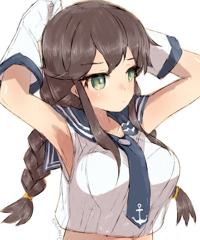 1girl alchera anchor_symbol armpits arms_behind_head bangs blue_neckwear blush braid breasts brown_hair closed_mouth collarbone elbow_gloves gloves kantai_collection long_hair medium_breasts midriff noshiro_(kantai_collection) sailor_collar sidelocks simple_background sketch solo swept_bangs twin_braids twitter_username upper_body white_background white_gloves