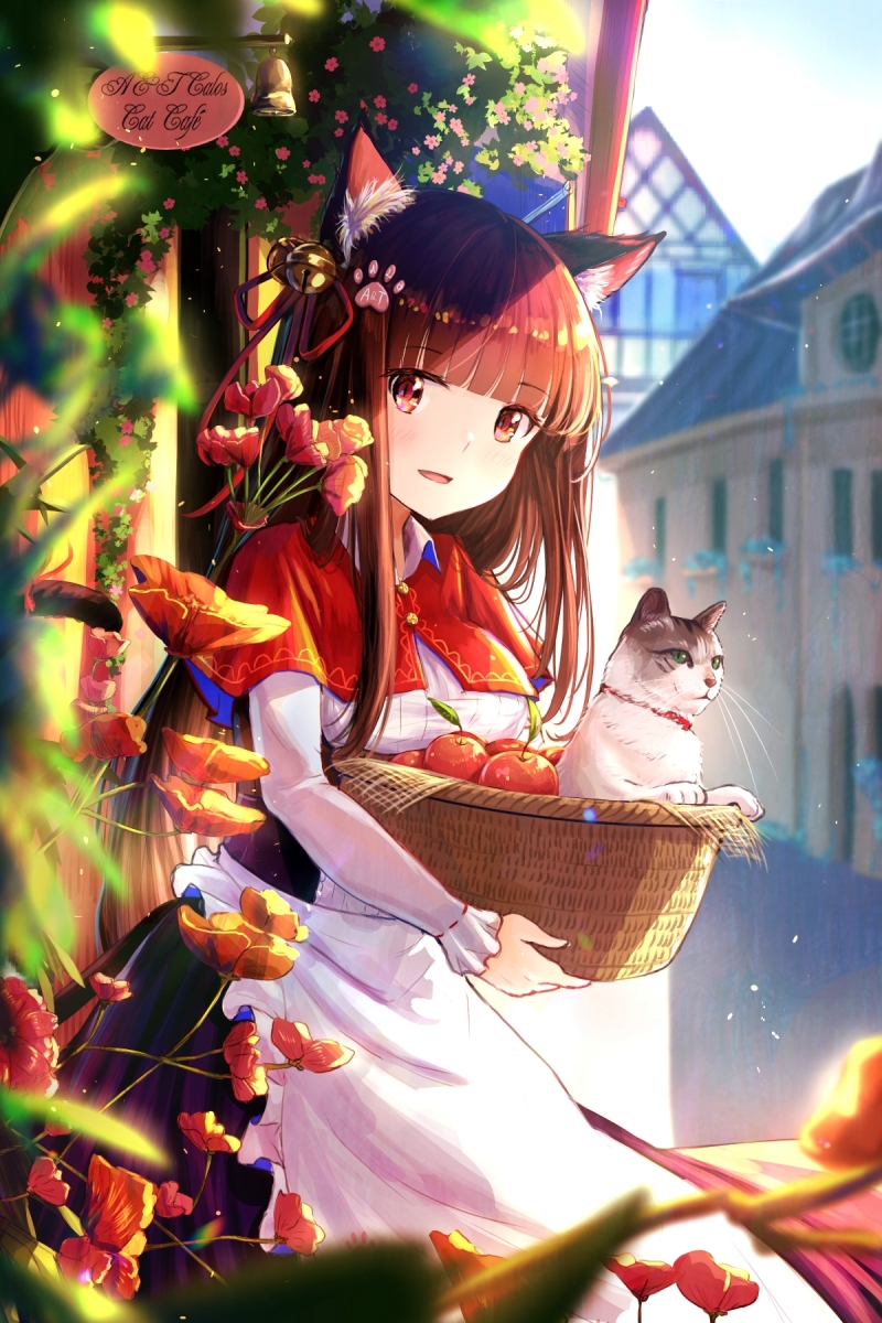 1girl alphatitus animal_ears apple apron bangs basket bell blurry blurry_background brown_hair capelet cat cat_ears cityscape commentary_request eyebrows_visible_through_hair flower food fruit hair_ornament hair_ribbon highres holding holding_basket long_hair looking_at_viewer open_mouth original paw_ornament red_capelet red_eyes red_ribbon ribbon