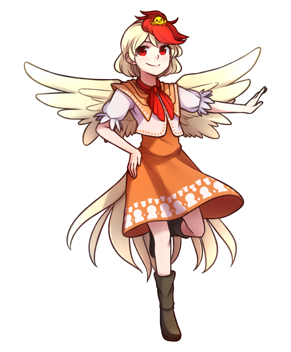 1girl animal animal_on_head bird bird_on_head bird_tail bird_wings black_hair boots chicken commentary dress english_commentary eyebrows_visible_through_hair full_body hand_on_hip multicolored_hair neck_ribbon niwatari_kutaka on_head orange_dress outstretched_arm puffy_short_sleeves puffy_sleeves red_eyes redhead ribbon short_hair short_sleeves solo speckticuls standing standing_on_one_leg touhou transparent_background two-tone_hair white_hair wily_beast_and_weakest_creature wings