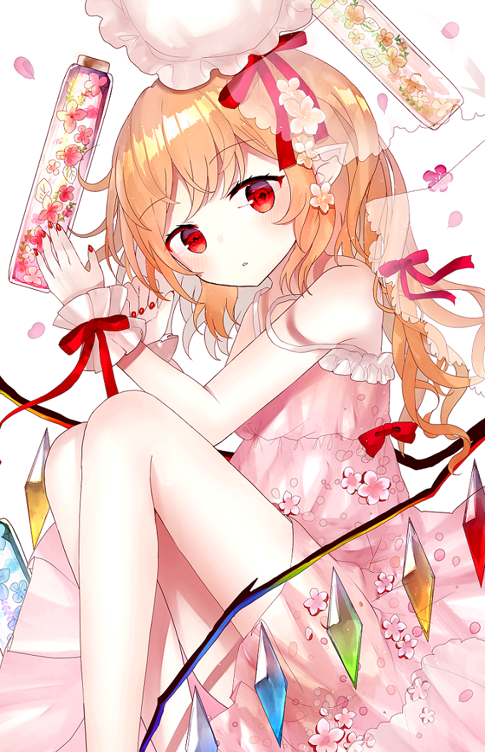 1girl bare_arms bare_shoulders blonde_hair blush bow commentary_request crystal dress ears_visible_through_hair eyebrows_visible_through_hair flandre_scarlet flower frills hair_flower hair_ornament hat hat_ribbon herbarium jar knees_up long_hair looking_at_viewer mob_cap nail nail_polish open_eyes open_mouth petals pink_dress pink_headwear red_bow red_eyes red_nails red_ribbon ribbon sakipsakip simple_background sitting sleeveless sleeveless_dress solo strap_slip sundress thighs touhou white_background white_frills wings wrist_cuffs