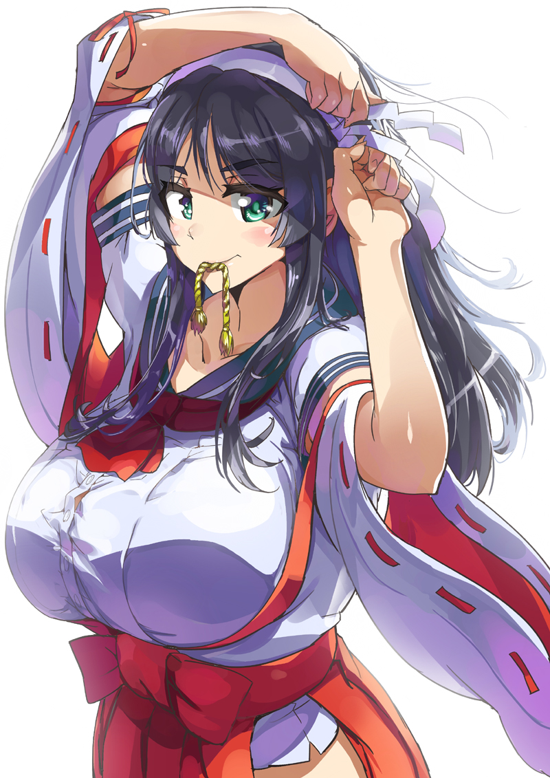 &gt;:) 1girl aqua_eyes arms_up bangs black_hair blue_sailor_collar blush breasts closed_mouth hairband hakama hip_vent japanese_clothes kimono large_breasts long_hair long_sleeves looking_at_viewer miko mouth_hold neckerchief open_clothes open_kimono original parted_bangs red_hakama red_neckwear ribbon-trimmed_sleeves ribbon_trim sailor_collar school_uniform serafuku shirt sidelocks simple_background solo tashiromotoi thick_eyebrows upper_body v-shaped_eyebrows white_background white_hairband white_kimono white_shirt wide_sleeves