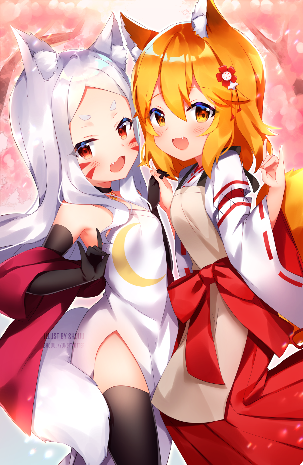 2girls :d animal_ear_fluff animal_ears apron artist_name bare_shoulders black_gloves blonde_hair blush elbow_gloves fang flower fox_ears fox_girl fox_shadow_puppet fox_tail gloves hair_flower hair_ornament hakama highres japanese_clothes long_hair looking_at_viewer miko multiple_girls open_mouth pose red_eyes red_hakama ribbon-trimmed_sleeves ribbon_trim senko_(sewayaki_kitsune_no_senko-san) sewayaki_kitsune_no_senko-san shiro_(sewayaki_kitsune_no_senko-san) short_eyebrows shouu-kun smile tail thick_eyebrows twitter_username watermark whisker_markings white_hair wide_sleeves yellow_eyes