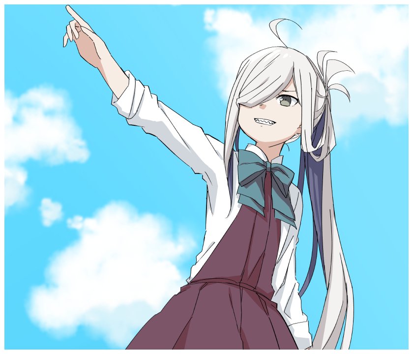 1girl ahoge asashimo_(kantai_collection) blue_sky bow bowtie clouds from_below grey_eyes grin hair_over_one_eye halterneck kantai_collection long_hair long_sleeves moti_coi pointing ponytail school_uniform sharp_teeth shirt silver_hair sky smile solo teeth white_shirt