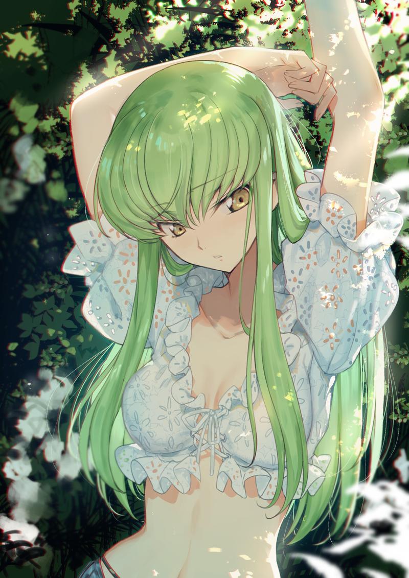 1girl arms_up bangs breasts brown_eyes bush c.c. cleavage code_geass collarbone commentary_request creayus dappled_sunlight day eyebrows_visible_through_hair frills green_hair long_hair looking_at_viewer medium_breasts outdoors parted_lips puffy_short_sleeves puffy_sleeves short_sleeves sidelocks solo straight_hair sunlight upper_body