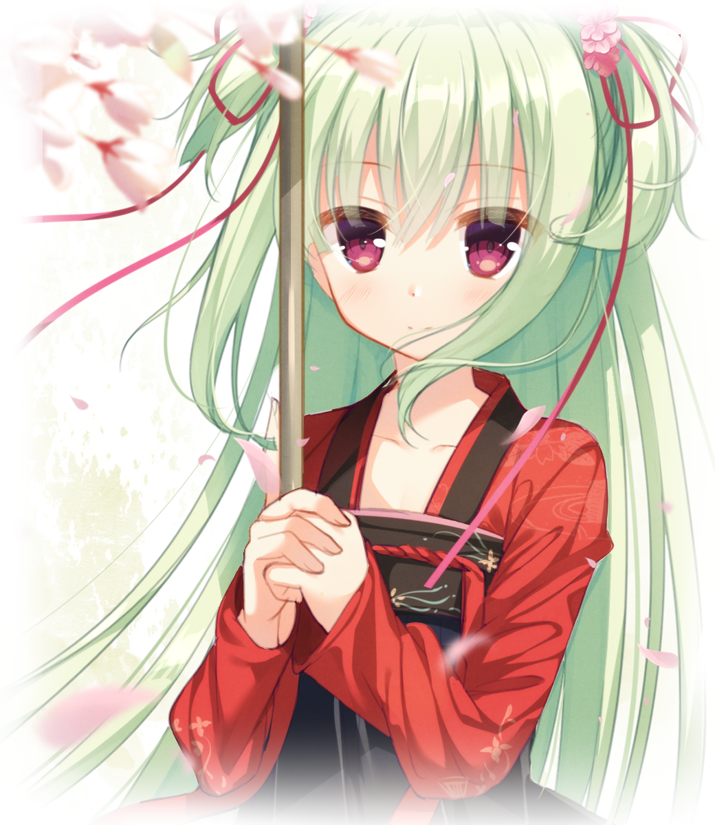1girl bangs blurry blurry_foreground blush cariboy chinese_clothes closed_mouth collarbone commentary_request depth_of_field eyebrows_visible_through_hair flower green_hair hair_between_eyes hair_flower hair_ornament hair_ribbon hands_up hanfu highres long_hair long_sleeves looking_at_viewer murasame_(senren) petals pink_flower red_eyes red_ribbon ribbon senren_banka sleeves_past_wrists smile solo two_side_up upper_body very_long_hair