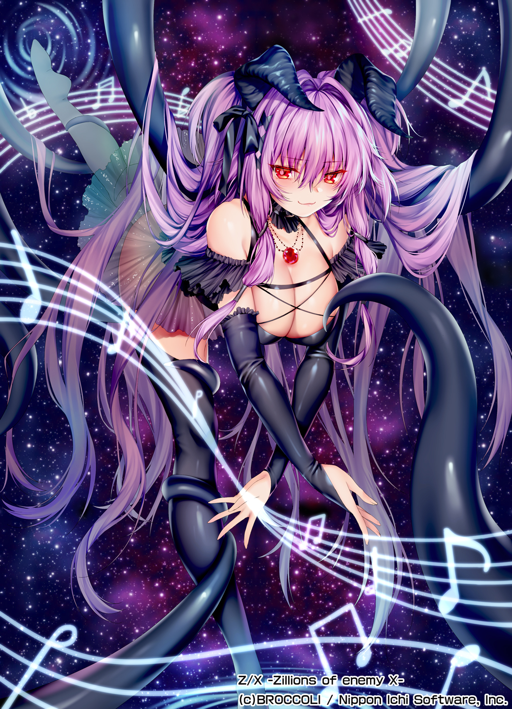 1girl bangs black_gloves black_legwear blush breasts choker cleavage closed_mouth commentary_request demon_girl demon_horns elbow_gloves eyebrows_visible_through_hair gloves groin hair_between_eyes hair_intakes hair_ribbon hand_up highres horns jewelry ku_rito_(z/x) large_breasts long_hair looking_at_viewer necklace obiwan off_shoulder official_art pointy_ears purple_hair revealing_clothes ribbon ripples ruby_(gemstone) see-through sidelocks skindentation solo tail thigh-highs thigh_strap tress_ribbon very_long_hair watermark wings yellow_eyes z/x