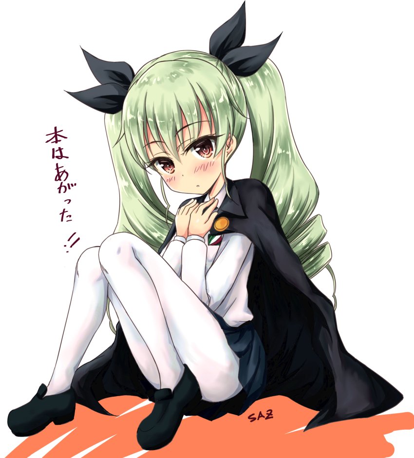 1girl :o anchovy anzio_school_uniform artist_name bangs black_cape black_footwear black_neckwear black_ribbon black_skirt blush cape commentary_request dress_shirt drill_hair emblem eyebrows_visible_through_hair full_body girls_und_panzer green_hair hair_ribbon hands_on_own_chest head_tilt loafers long_hair long_sleeves looking_at_viewer miniskirt necktie pantyhose parted_lips pleated_skirt red_eyes ribbon saz_(sazin764) school_uniform shirt shoes signature sitting skirt solo translation_request twin_drills twintails white_legwear white_shirt