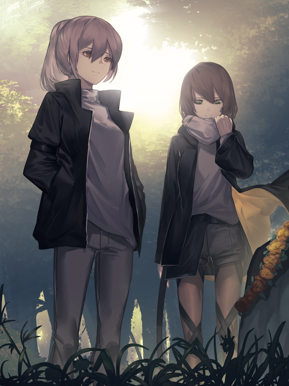 2girls bangs black_jacket brown_eyes brown_hair brown_legwear closed_mouth commentary_request eyebrows_visible_through_hair fixro2n flower_wreath forest green_eyes grey_pants grey_scarf grey_shirt grey_shorts hair_between_eyes hand_up hands_in_pockets highres jacket long_sleeves multiple_girls nature open_clothes open_jacket original outdoors pants pantyhose ponytail scarf shirt short_shorts shorts smile standing sunlight tombstone