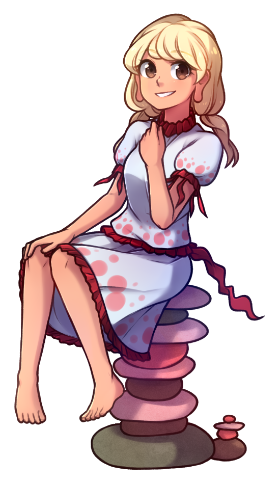 1girl barefoot blonde_hair brown_eyes commentary dress ebisu_eika english_commentary eyebrows_visible_through_hair frilled_shirt frilled_skirt frills full_body hand_on_own_chest hand_on_own_knee long_hair looking_at_viewer parted_lips puffy_short_sleeves puffy_sleeves shirt short_sleeves sitting skirt smile solo speckticuls stone touhou transparent_background wily_beast_and_weakest_creature