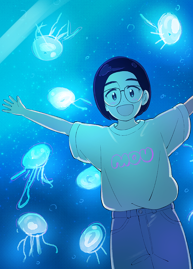 1girl 49s-aragon black_eyes black_hair blue_theme bubble cowboy_shot glasses glowing halftone jellyfish looking_at_viewer open_mouth original outstretched_arms shirt_tucked_in short_hair short_sleeves smile solo