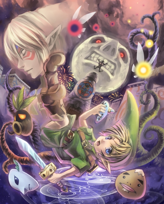 1boy branch clock clock_tower deku_scrub dual_persona falling fierce_deity fireworks goron instrument link mask moon moon_(majora's_mask) nintendo ocarina skull_kid suzumiya_misa tael tatl the_legend_of_zelda the_legend_of_zelda:_majora's_mask tower young_link zora