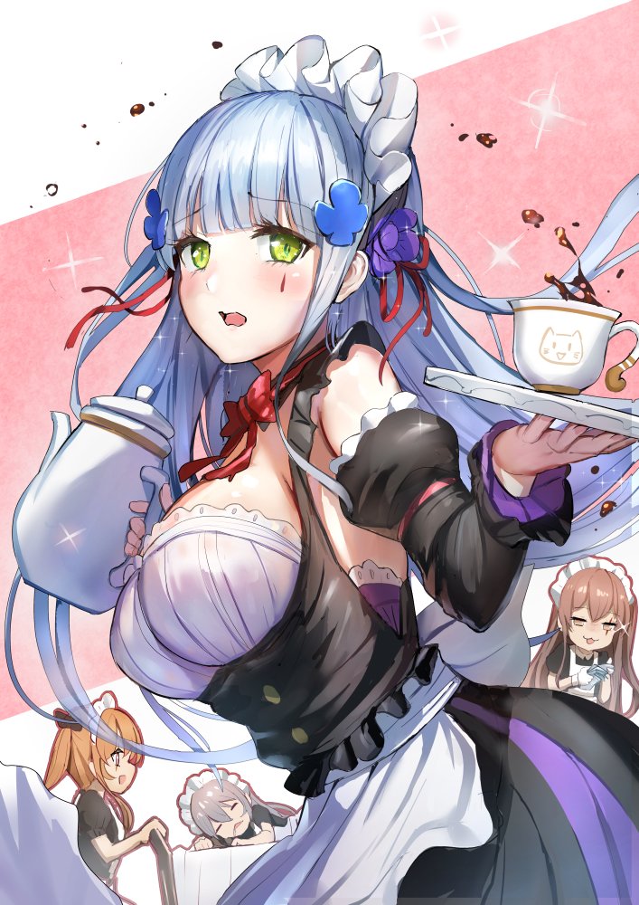 404_(girls_frontline) 4girls :o bangs blunt_bangs blush breasts brown_eyes brown_hair cup detached_sleeves eyebrows_visible_through_hair facial_mark g11_(girls_frontline) girls_frontline green_eyes hair_between_eyes hair_ornament hairclip hk416_(girls_frontline) holding_teapot holding_try large_breasts long_hair looking_at_viewer maid medium_breasts multiple_girls one_side_up open_mouth qian_wu_atai scar scar_across_eye silver_hair sleeping smile teardrop twintails ump45_(girls_frontline) ump9_(girls_frontline) very_long_hair yellow_eyes