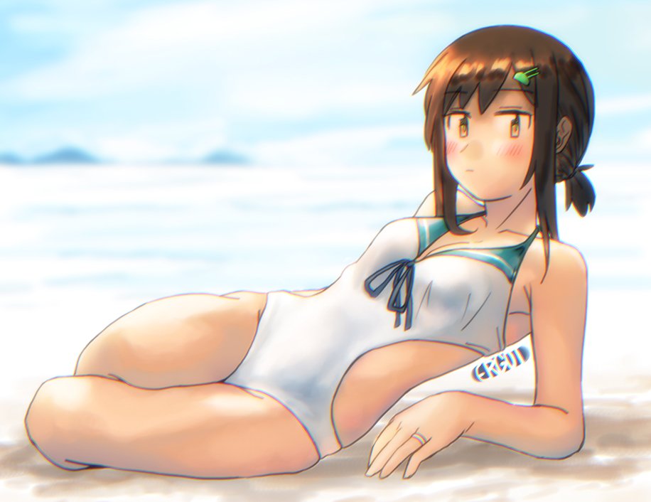 1girl adapted_costume artist_name beach black_hair blurry casual_one-piece_swimsuit collarbone depth_of_field ergot fubuki_(kantai_collection) full_body hair_ornament hairclip jewelry kantai_collection looking_at_viewer low_ponytail lying on_side one-piece_swimsuit ponytail ring short_ponytail sidelocks skirt solo swimsuit wedding_band white_swimsuit