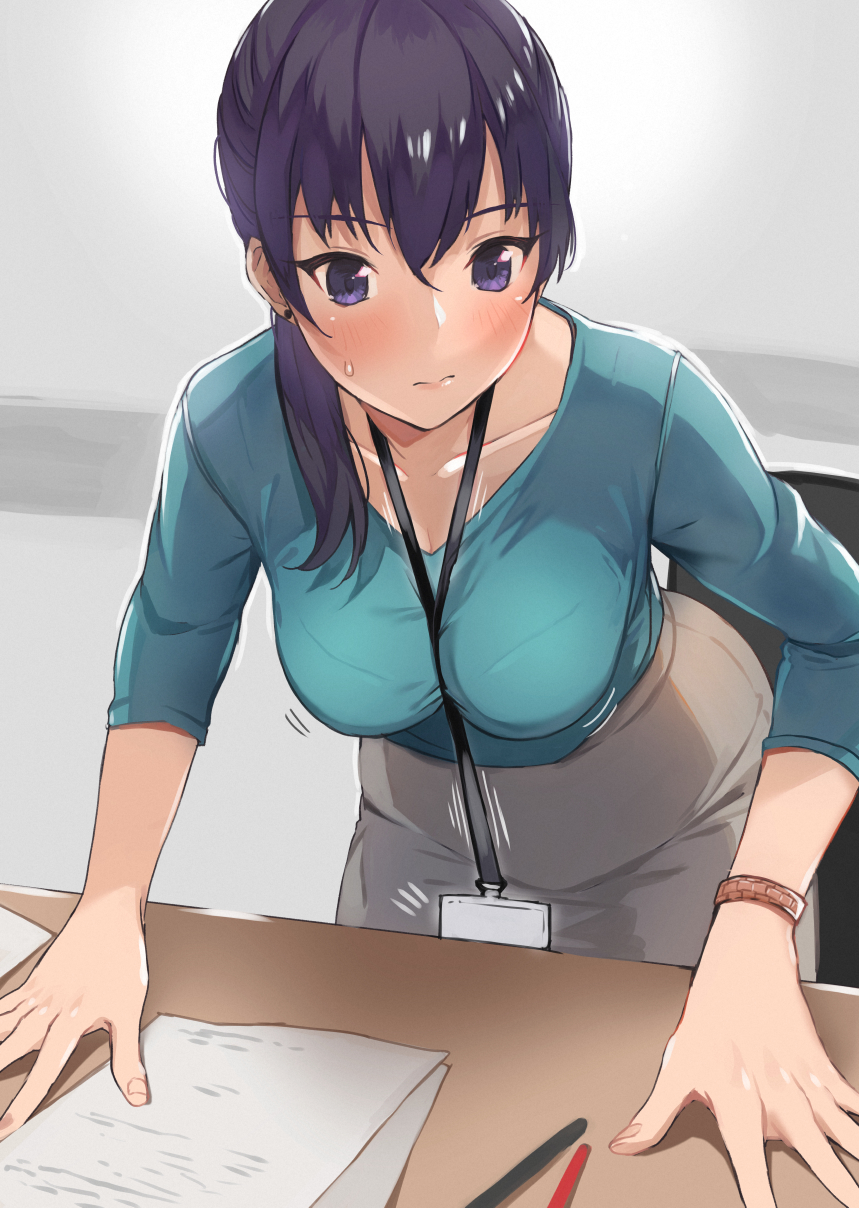 1girl arm_support bangs between_breasts blue_shirt blush bouncing_breasts bra_through_clothes bralines breasts cleavage closed_mouth collarbone commentary_request doushimasho earrings eyebrows_visible_through_hair frown grey_skirt hair_over_shoulder highres id_card indoors jewelry lanyard leaning_forward long_hair long_sleeves looking_at_viewer medium_breasts motion_lines nervous office_lady original paper pen ponytail purple_hair shirt skirt solo stud_earrings sweat table violet_eyes wristband