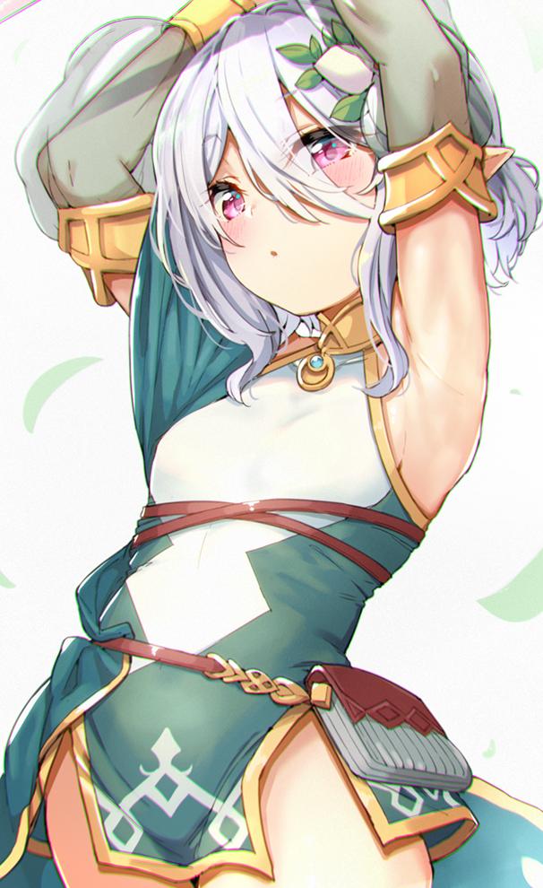 1girl :o armpits arms_up bangs bare_shoulders blush breasts commentary_request covered_navel detached_sleeves dress eyebrows_visible_through_hair flower green_dress green_sleeves grey_background hair_between_eyes hair_flower hair_ornament haruken kokkoro_(princess_connect!) parted_lips pointy_ears princess_connect! princess_connect!_re:dive puffy_short_sleeves puffy_sleeves see-through see-through_sleeves short_sleeves silver_hair sleeveless sleeveless_dress small_breasts solo violet_eyes white_flower