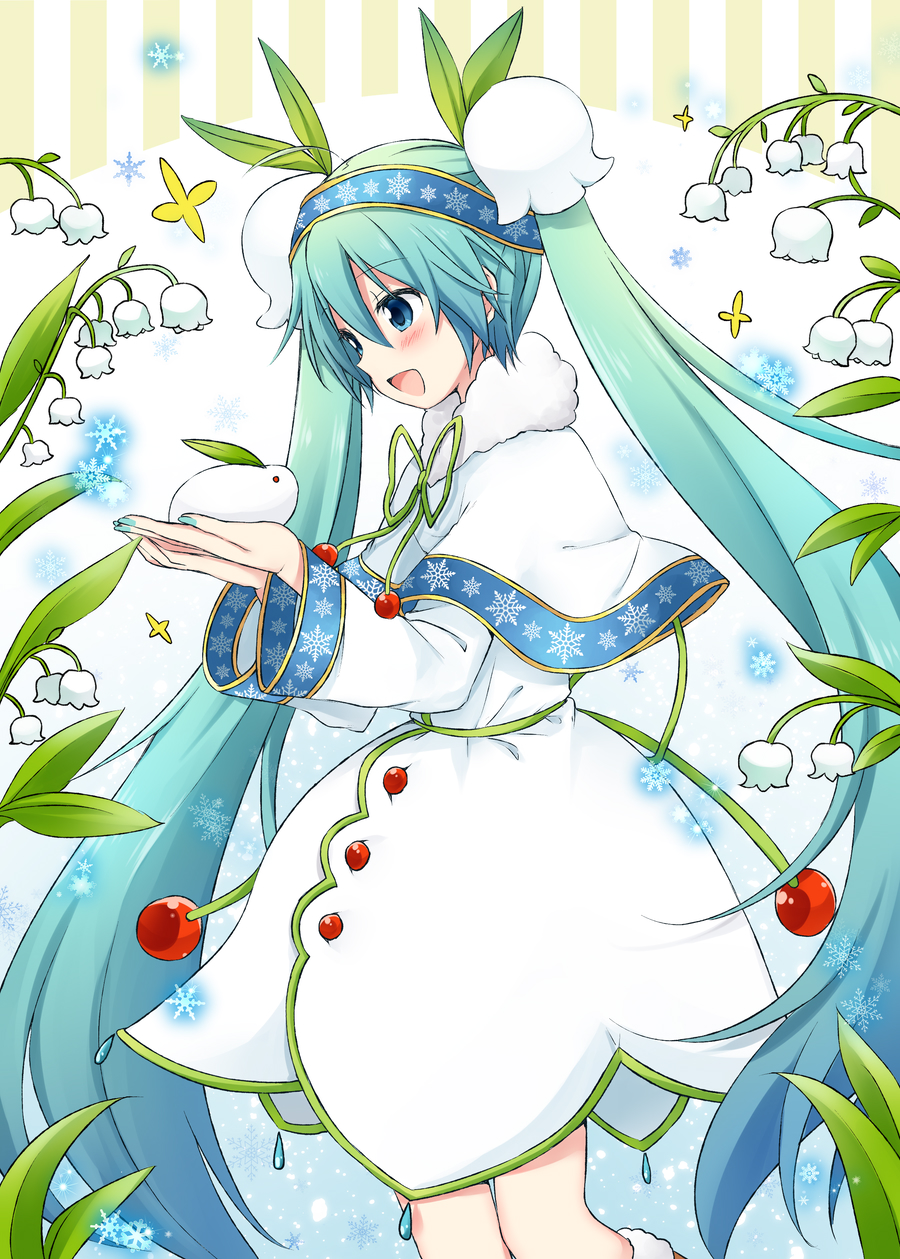 1girl animal aqua_eyes aqua_hair blush capelet cherry commentary dress feet_out_of_frame flower food from_side fruit fur-trimmed_capelet fur_trim gold_trim gradient_hair hair_flower hair_ornament hatsune_miku headband highres holding holding_animal long_hair looking_at_animal multicolored_hair petals smile snow_bunny snowbell_(flower) snowflake_print snowflakes solo sudachi_(calendar) twintails very_long_hair vocaloid wide_sleeves yuki_miku
