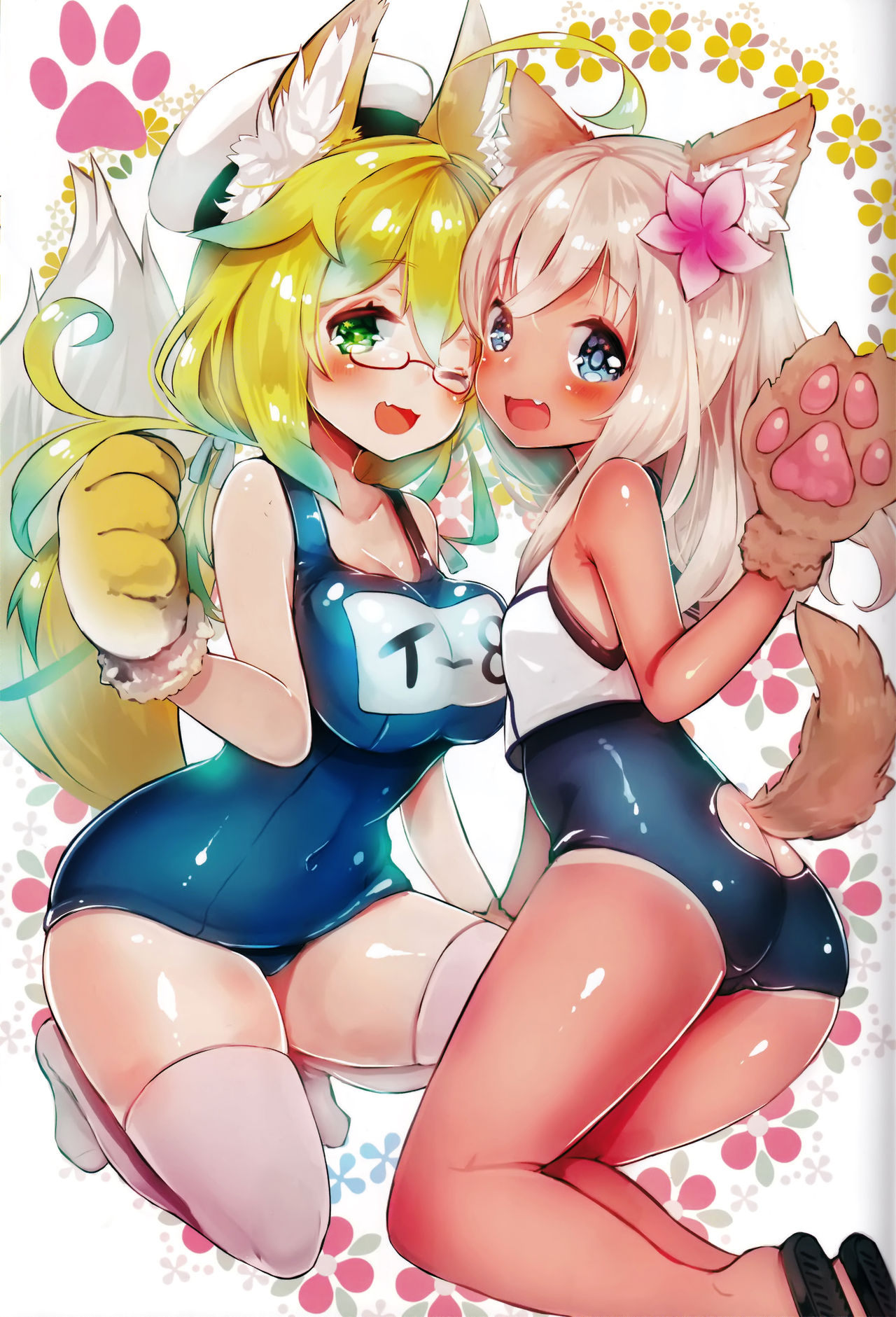 2girls :d ;d ahoge animal_ears ass blonde_hair blue_eyes blush breasts crop_top fang flower glasses gloves green_eyes hair_flower hair_ornament hair_ribbon hat highres i-8_(kantai_collection) kantai_collection kemonomimi_mode large_breasts long_hair low_twintails multiple_girls name_tag one_eye_closed open_mouth paw_gloves paws red-framed_eyewear ribbon ro-500_(kantai_collection) school_swimsuit school_uniform semi-rimless_eyewear serafuku smile suzuho_hotaru swimsuit tail thigh-highs twintails under-rim_eyewear white_legwear wolf_ears wolf_tail