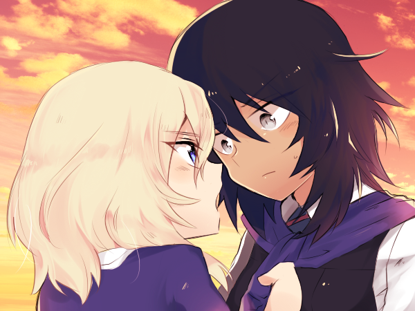 2girls aimai_(luckyfive) andou_(girls_und_panzer) bangs bc_freedom_school_uniform black_eyes black_hair black_vest blonde_hair blue_eyes blue_neckwear blue_sweater closed_mouth clothes_grab clouds cloudy_sky commentary dark_skin diagonal_stripes dress_shirt eyebrows_visible_through_hair frown girls_und_panzer light_blush looking_at_another medium_hair messy_hair multiple_girls necktie open_mouth orange_sky oshida_(girls_und_panzer) outdoors red_neckwear school_uniform shirt sky striped striped_neckwear sweatdrop sweater sweater_around_neck symbol_commentary twilight vest white_shirt yuri