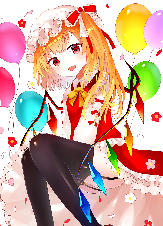 1girl balloon black_legwear blonde_hair blush commentary commentary_request crystal eyebrows_visible_through_hair flandre_scarlet flower frilled_hat frilled_shirt frilled_skirt frills garter_straps hat long_hair long_sleeves looking_at_viewer mob_cap neck_ribbon neckwear open_eyes open_mouth petticoat red_eyes red_ribbon red_skirt red_vest ribbon sakipsakip shirt side_ponytail simple_background skirt smile solo teeth thigh-highs touhou vest white_background white_shirt wings yellow_neckwear