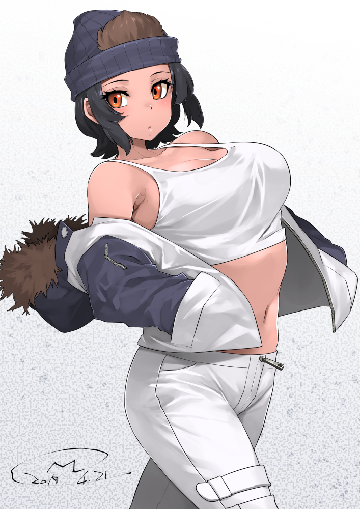 1girl bare_shoulders black_hair breasts collarbone commentary_request cowboy_shot dated fur_trim gorilla_(kemono_friends) hands_in_pockets happa_(cloverppd) hat kemono_friends large_breasts looking_at_viewer midriff navel orange_eyes pants short_hair solo tank_top white_pants white_tank_top zipper_pull_tab