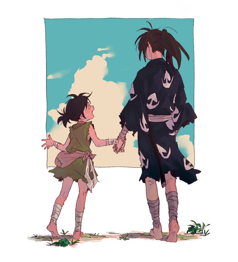 1boy 1girl age_difference bandage barefoot black_hair brown_hair child clouds dororo_(character) dororo_(tezuka) edmhhhnh hand_holding hyakkimaru_(dororo) japanese_clothes looking_at_another open_mouth ponytail sleeveless torn_clothes