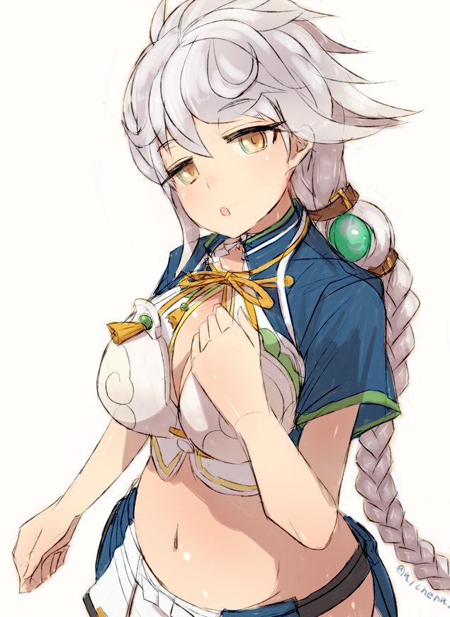 1girl alchera asymmetrical_hair braid breasts brown_eyes cleavage_cutout cloud_print cowboy_shot crop_top hand_on_own_chest jitome kantai_collection large_breasts long_hair looking_at_viewer midriff navel open_mouth silver_hair simple_background single_braid solo unryuu_(kantai_collection) very_long_hair wavy_hair white_background
