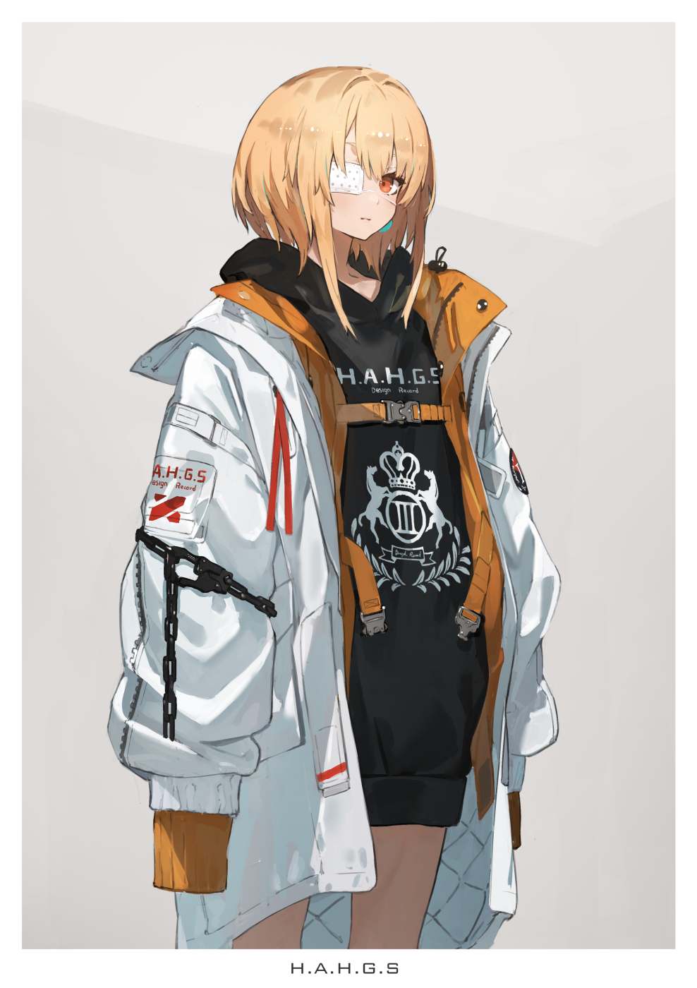 1girl arms_at_sides blonde_hair chains closed_mouth clothes_writing coat cowboy_shot eyepatch grey_background highres hood hood_down hoodie long_sleeves looking_at_viewer medical_eyepatch neco one_eye_covered open_clothes open_coat original red_eyes short_hair sidelocks sleeves_past_fingers sleeves_past_wrists solo white_coat