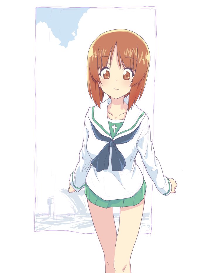 1girl bangs black_neckwear blouse brown_eyes brown_hair clenched_teeth closed_mouth commentary eyebrows_visible_through_hair girls_und_panzer green_skirt leaning_forward long_sleeves looking_at_viewer miniskirt monolith_(suibou_souko) neckerchief nishizumi_miho ooarai_school_uniform outside_border pleated_skirt school_uniform serafuku short_hair skirt smile solo standing teeth thigh_gap white_blouse