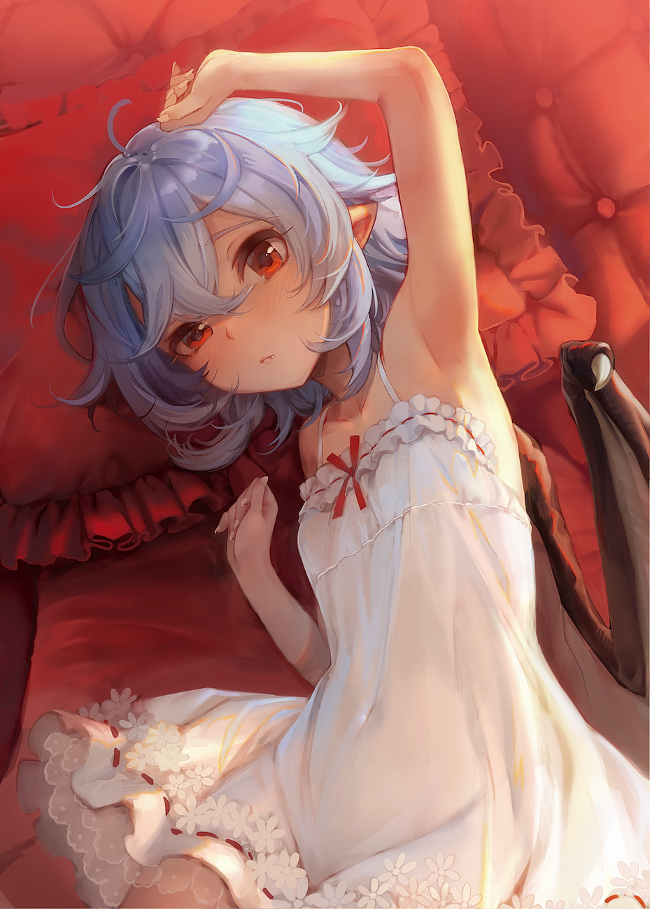 1girl ahoge arm_up armpits bangs bare_arms bare_shoulders bat_wings blue_hair blush breasts chemise commentary_request couch covered_navel cowboy_shot dress eho_(icbm) from_above hair_between_eyes hand_up highres lying no_hat no_headwear on_back pillow pointy_ears red_eyes red_ribbon remilia_scarlet ribbon short_hair small_breasts solo spaghetti_strap touhou white_dress wings