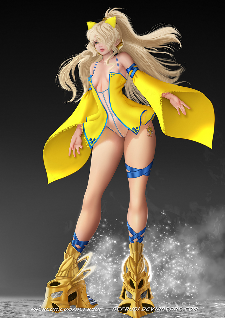 1girl bangs bare_shoulders blonde_hair blue_eyes breasts breasts_apart closed_mouth detached_sleeves dress hair_ornament hair_over_one_eye legs_apart leotard lips long_hair looking_at_viewer medium_breasts navel nefrubi original patreon_username platform_footwear see-through solo sonic sonic_the_hedgehog standing tattoo thigh_strap tri_tails watermark web_address wide_sleeves yellow_dress