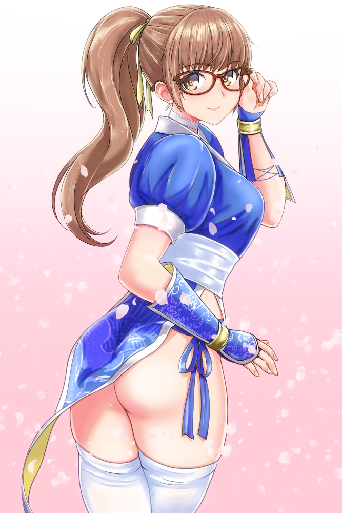 1girl adjusting_eyewear arm_guards ass bangs blue_dress breasts brown_eyebrows brown_eyes brown_hair cherry_blossoms choker closed_mouth commentary_request dead_or_alive dead_or_alive_6 dress glasses hair_ribbon high_ponytail hiroyama_(hpzg5374) japanese_clothes kasumi_(doa) long_hair looking_at_viewer medium_breasts ninja no_panties pelvic_curtain petals pink_background ponytail red-framed_eyewear ribbon sash short_sleeves smile solo standing thigh-highs thighs white_legwear yellow_ribbon