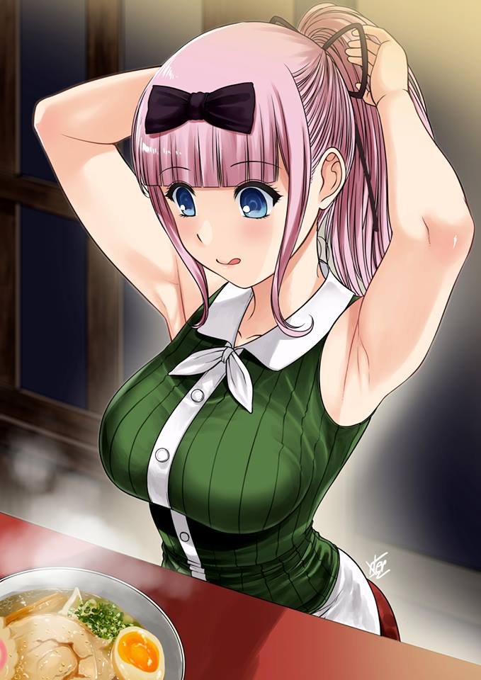 1girl :p adjusting_hair armpits arms_behind_head arms_up bangs bare_arms black_bow black_ribbon blue_eyes blunt_bangs bow bowl breasts casual egg eyebrows_visible_through_hair food fujiwara_chika hair_bow hair_ribbon hungry indoors kaguya-sama_wa_kokurasetai_~tensai-tachi_no_renai_zunousen~ large_breasts licking_lips long_hair noodles pink_hair ponytail ramen ribbon shirt sitting sleeveless sleeveless_shirt smile solo steam tongue tongue_out upper_body xtermination