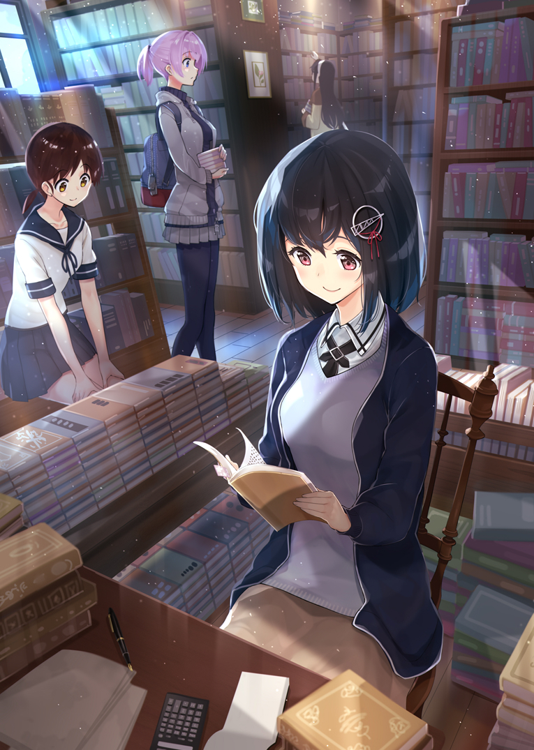 4girls adapted_costume alternate_costume amami_amayu backpack bag bangs black_hair black_legwear blue_eyes blue_jacket blue_sailor_collar blue_skirt book bookshelf brown_eyes brown_hair brown_skirt calculator chair collared_shirt commentary_request grey_jacket haguro_(kantai_collection) hair_ornament jacket kantai_collection library low_twintails multiple_girls neckerchief ooyodo_(kantai_collection) pantyhose parted_bangs pen pink_hair pleated_skirt ponytail reading remodel_(kantai_collection) sailor_collar school_uniform serafuku shiranui_(kantai_collection) shirayuki_(kantai_collection) shirt short_hair short_ponytail short_twintails sitting skirt sweater twintails white_sweater