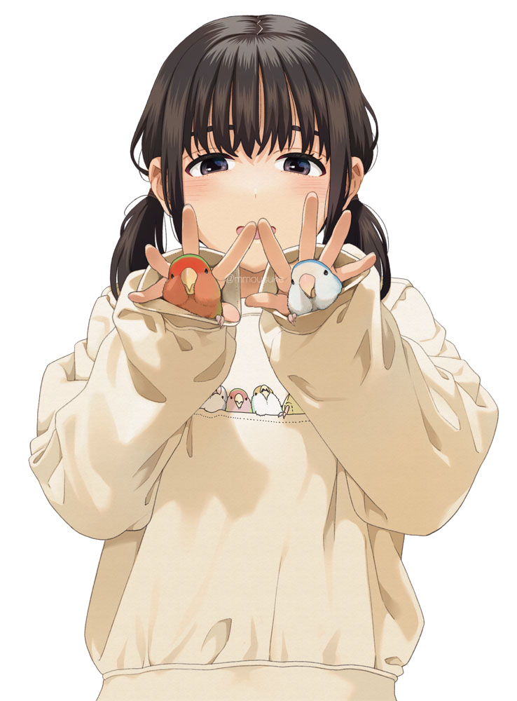 1girl :d animal animal_in_clothes bangs bird blush brown_eyes brown_hair long_sleeves low_twintails mattaku_mousuke open_mouth original short_hair short_twintails simple_background smile solo sweater twintails twitter_username upper_body white_background yellow_sweater