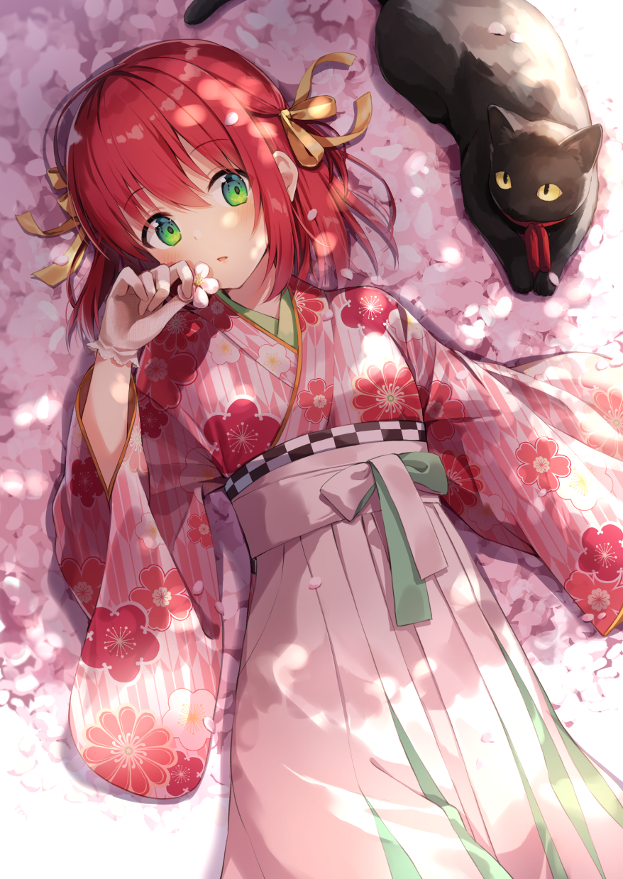 1girl animal bangs black_cat blush cat commentary_request dappled_sunlight day eyebrows_visible_through_hair floral_print flower from_above gloves green_eyes hair_between_eyes hair_ribbon hakama head_tilt highres hip_vent holding holding_flower japanese_clothes kimono long_sleeves looking_at_viewer lying nonono on_back orange_ribbon original outdoors parted_lips petals pink_hakama pink_kimono print_kimono redhead ribbon short_hair solo sunlight tareme white_gloves wide_sleeves yellow_sclera