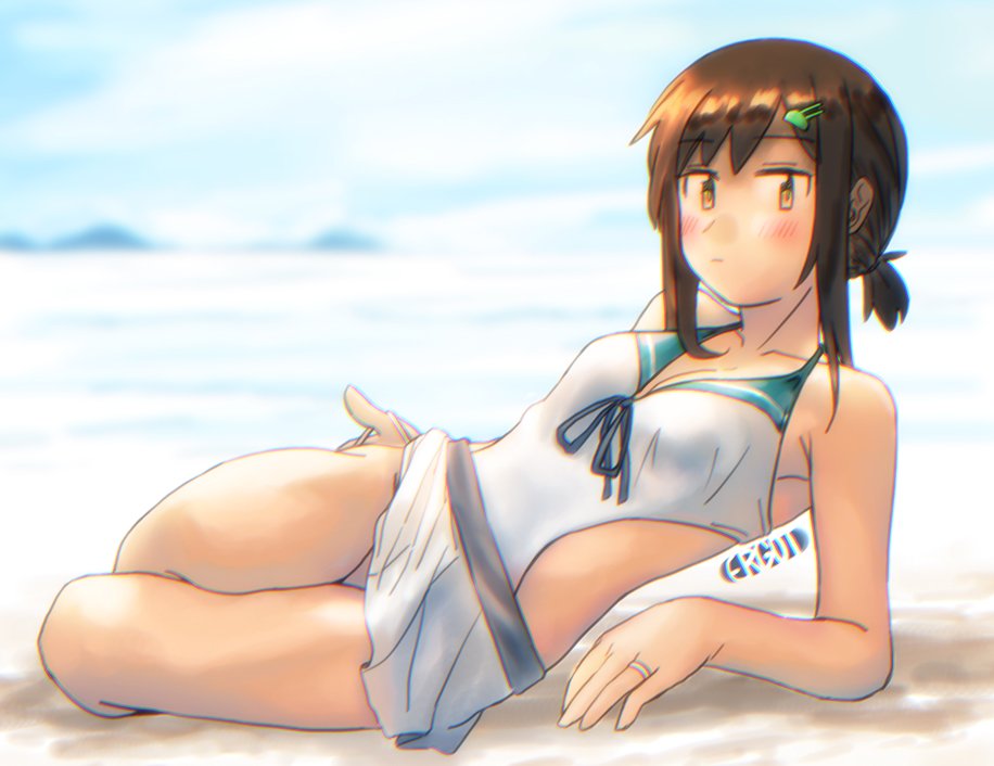 1girl adapted_costume artist_name beach black_hair blurry casual_one-piece_swimsuit collarbone depth_of_field ergot fubuki_(kantai_collection) full_body hair_ornament hairclip jewelry kantai_collection looking_at_viewer low_ponytail lying on_side one-piece_swimsuit pleated_skirt ponytail ring short_ponytail sidelocks skirt solo swimsuit wedding_band white_skirt white_swimsuit