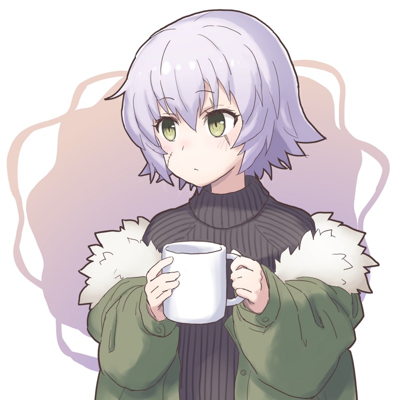 drawfag facial_scar fate/apocrypha fate/grand_order fate_(series) green_eyes holding jack_the_ripper_(fate/apocrypha) looking_at_viewer oversized_clothes scar scar_on_cheek short_hair simple_background sweater white_hair