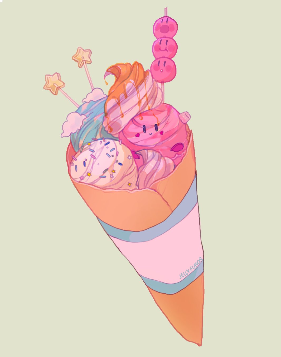 blush crepe dessert food green_background heart highres ice_cream ice_cream_cone kirby kirby_(series) looking_at_viewer nintendo no_humans open_mouth original routexx simple_background smile sprinkles star