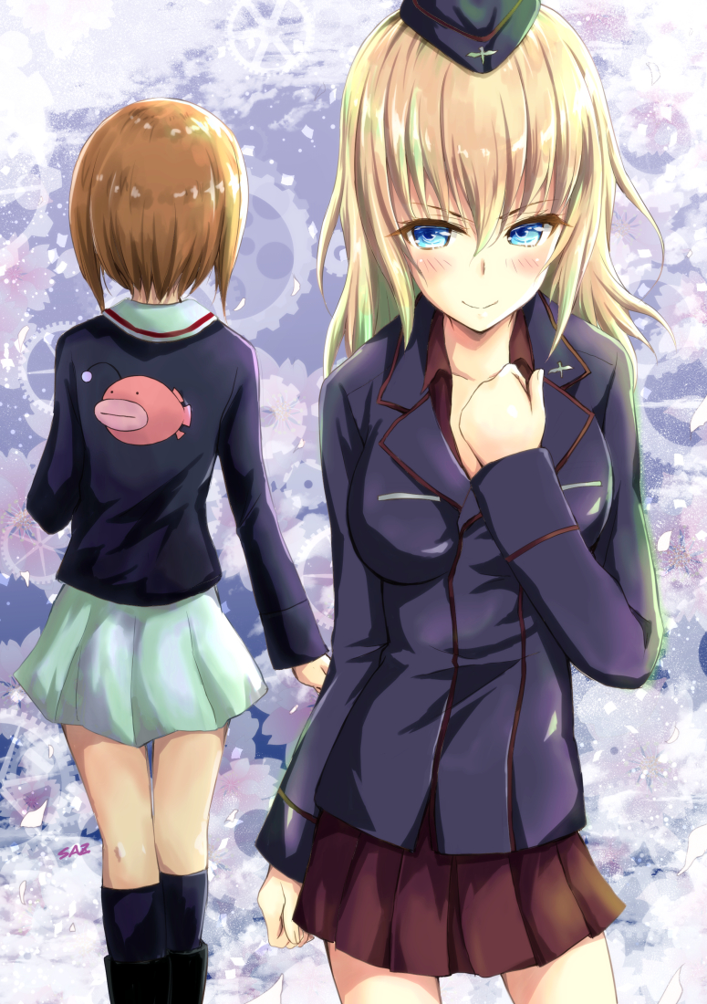 2girls anglerfish bangs black_footwear black_headwear black_jacket black_legwear blue_eyes blue_jacket boots brown_hair clenched_hands commentary_request dress_shirt emblem eyebrows_visible_through_hair from_behind garrison_cap gears girls_und_panzer hand_on_own_chest hat insignia itsumi_erika jacket kuromorimine_military_uniform light_blush long_hair long_sleeves looking_at_viewer military military_hat military_uniform miniskirt multiple_girls nishizumi_miho ooarai_military_uniform partial_commentary pleated_skirt red_shirt red_skirt saz_(sazin764) shirt short_hair silver_hair skirt socks uniform white_skirt wing_collar