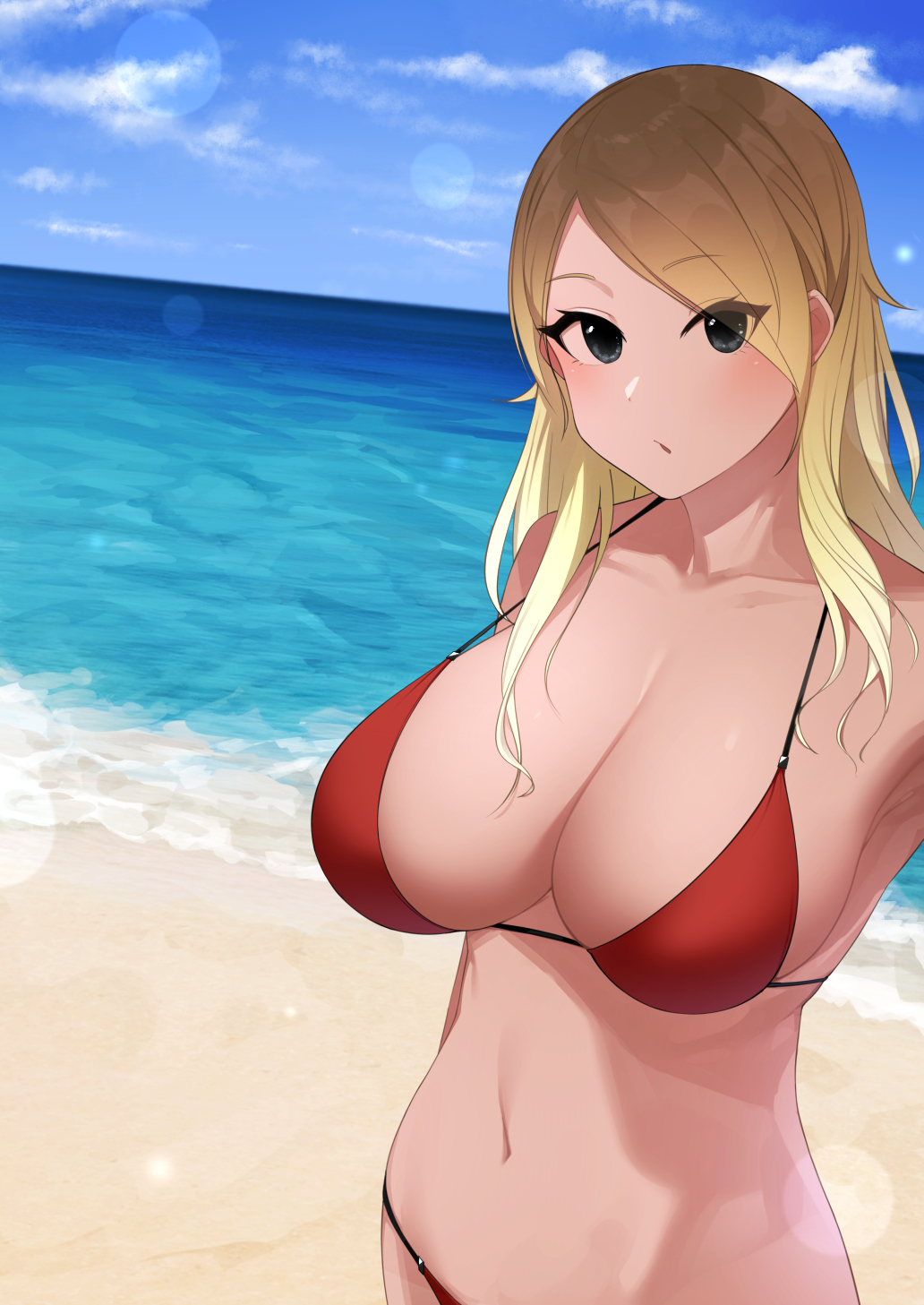 1girl bangs bare_shoulders beach bikini black_eyes blonde_hair blue_sky blush breasts cleavage collarbone dark_skin gradient_hair gyaru highres idolmaster idolmaster_shiny_colors izumi_mei large_breasts long_hair looking_at_viewer multicolored_hair navel ocean open_mouth red_bikini senju_(snz0) sky solo swept_bangs swimsuit tan