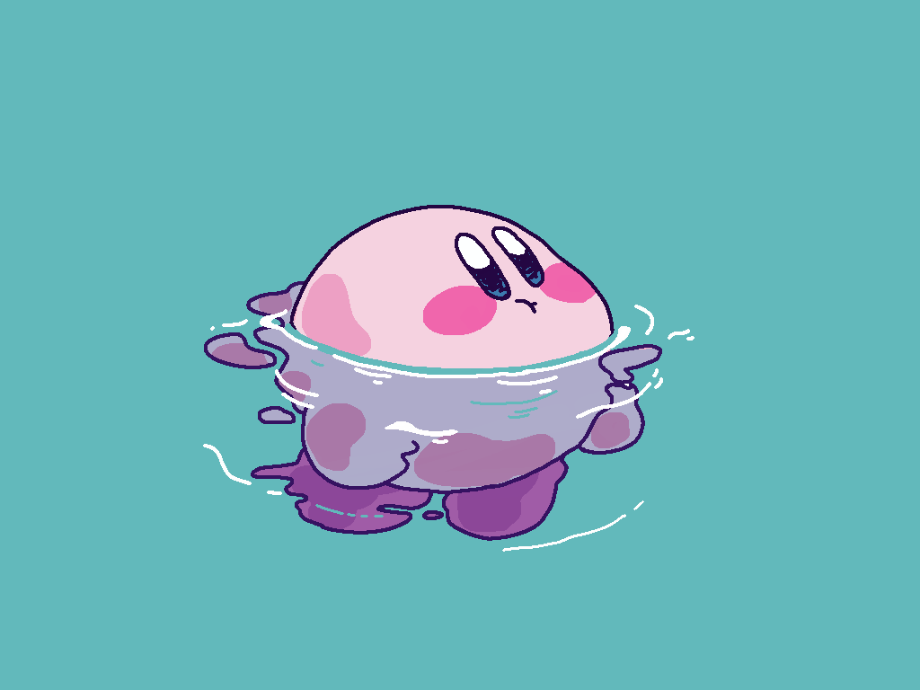 1other amedama_(akaki_4207) aqua_background blush blush_stickers distortion floating hal_laboratory_inc. hoshi_no_kirby kirby kirby_(series) nintendo no_humans partially_submerged pink_puff_ball ripples simple_background swimming water