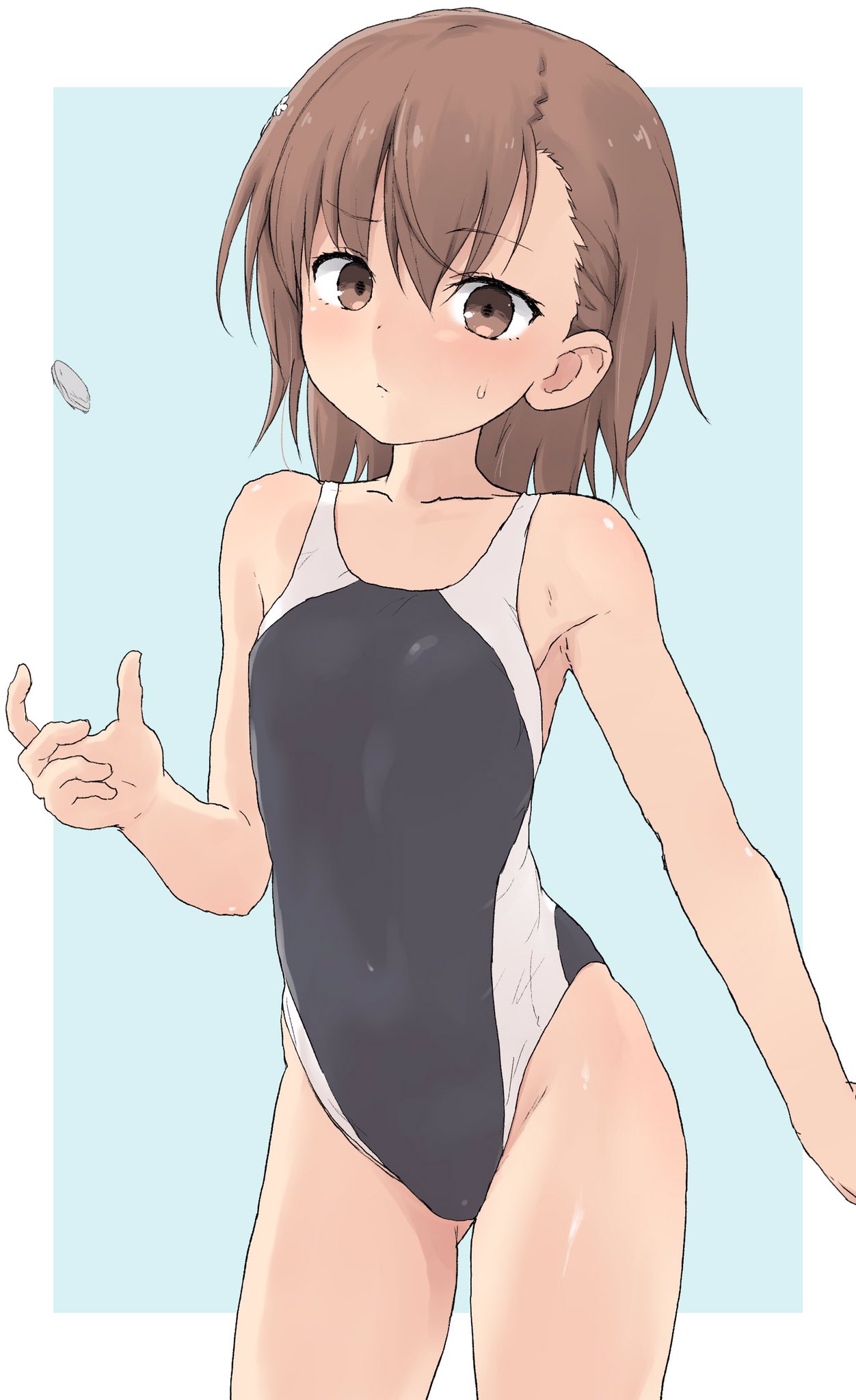 1girl black_swimsuit blue_background border brown_eyes brown_hair coin collarbone competition_swimsuit contrapposto cowboy_shot gluteal_fold highleg highleg_swimsuit highres looking_at_viewer misaka_mikoto one-piece_swimsuit short_hair simple_background solo standing swimsuit to_aru_kagaku_no_railgun to_aru_majutsu_no_index two-tone_background white_background white_border yakihebi