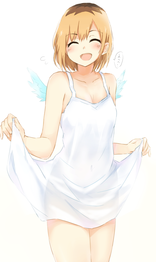 1girl :d blonde_hair blue_wings blush breasts brown_hair cleavage closed_eyes collarbone covered_navel cowboy_shot dress dress_lift feathered_wings lifted_by_self miyamori_aoi multicolored_hair open_mouth see-through_silhouette shirobako short_dress short_hair short_wings simple_background sleeveless sleeveless_dress small_breasts smile solo speech_bubble standing sundress tahita1874 two-tone_hair white_background white_dress wings