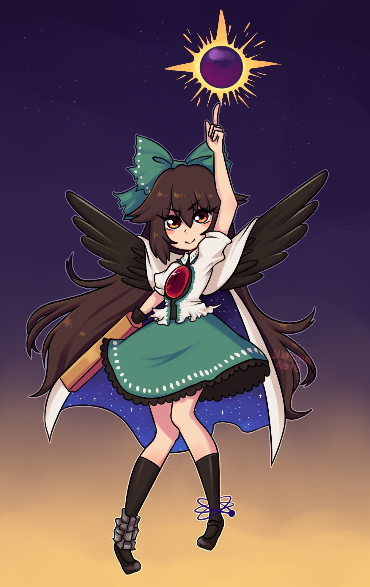 1girl :&gt; arm_cannon arm_up atom bird_wings black_footwear black_legwear blouse blush_stickers bow brown_eyes brown_hair cape collared_blouse commission control_rod eclipse feathered_wings frilled_blouse frilled_skirt frills full_body green_bow green_skirt hair_between_eyes hair_bow hair_ornament highres index_finger_raised inustarart kneehighs long_hair looking_at_viewer mary_janes mismatched_footwear puffy_short_sleeves puffy_sleeves reiuji_utsuho shoes short_sleeves skirt sky slit_pupils solar_eclipse solo star_(sky) starry_sky starry_sky_print third_eye touhou very_long_hair weapon white_blouse white_cape wings