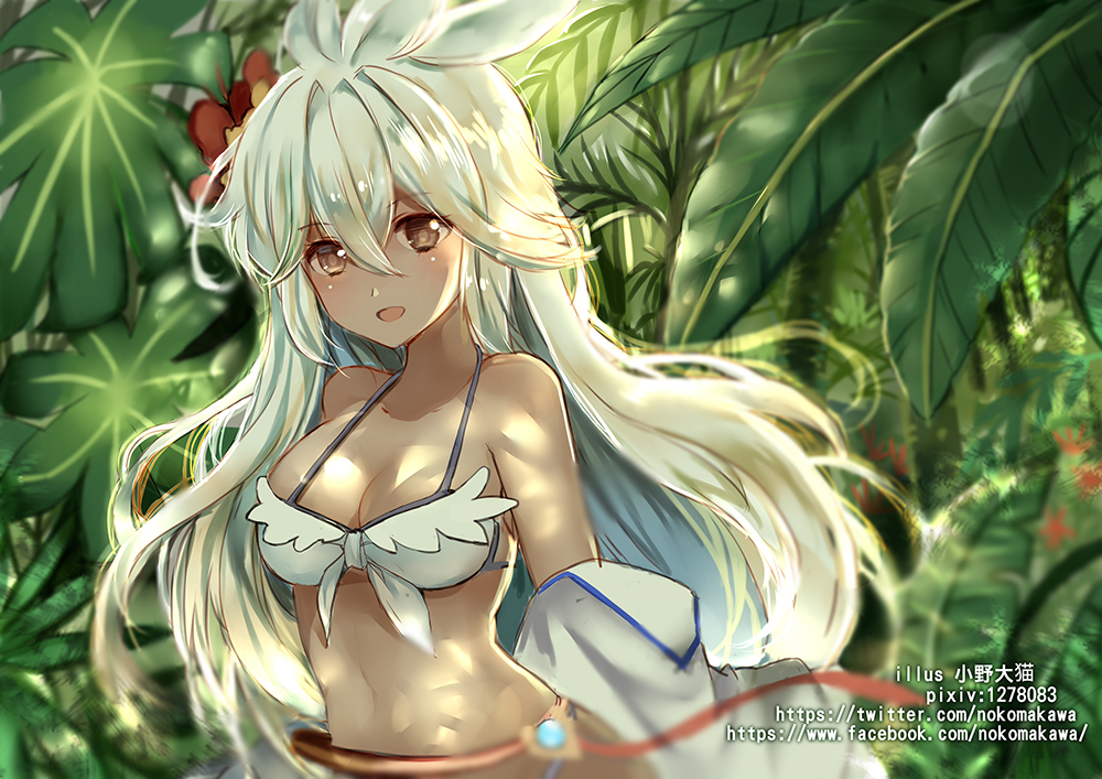 1girl :d bangs bare_shoulders bikini blush breasts cleavage collarbone commentary_request dark_skin day eyebrows_visible_through_hair flower granblue_fantasy hair_between_eyes hair_flower hair_ornament jacket jungle long_hair looking_at_viewer lunacats medium_breasts nature navel off_shoulder open_mouth outdoors pixiv_id red_flower smile solo swimsuit very_long_hair watermark web_address white_bikini white_hair white_jacket zooey_(granblue_fantasy)