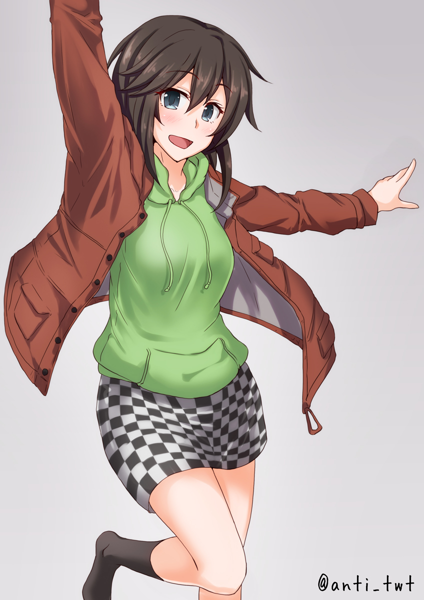 1girl alternate_costume anti_(untea9) arm_up black_hair brown_jacket checkered checkered_skirt commentary_request feet_out_of_frame green_sweater grey_background grey_eyes hayasui_(kantai_collection) highres hood hooded_sweater hoodie jacket kantai_collection looking_at_viewer short_hair simple_background skirt solo standing standing_on_one_leg sweater twitter_username